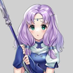 Rule 34 | 1girl, aqua eyes, blue dress, blue gloves, blush, circlet, commentary request, dress, fingerless gloves, fire emblem, fire emblem: the blazing blade, florina (fire emblem), gloves, grey background, holding, holding polearm, holding weapon, long hair, looking at viewer, maji (majibomber), nintendo, parted lips, polearm, purple hair, short sleeves, simple background, solo, upper body, weapon