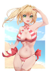 Rule 34 | 1girl, armpits, artist name, bare shoulders, beach, bikini, blonde hair, breasts, center opening, cleavage, collarbone, cowboy shot, criss-cross halter, eyes visible through hair, fate/grand order, fate (series), green eyes, hair intakes, halterneck, highres, large breasts, leg up, looking at viewer, medium hair, midriff, navel, nero claudius (fate), nero claudius (fate) (all), nero claudius (fate/extra), nero claudius (swimsuit caster) (fate), ocean, open mouth, outside border, red ribbon, ribbon, salute, side-tie bikini bottom, sky, smile, solo, striped bikini, striped clothes, swimsuit, teeth, thigh gap, thighs, timelessheaven, twintails, upper teeth only