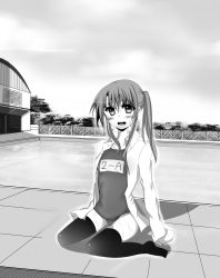 Rule 34 | 1girl, a.ringo, absurdres, blush, chain-link fence, dress shirt, fence, greyscale, highres, long hair, looking at viewer, monochrome, open clothes, open shirt, original, outdoors, ponytail, pool, poolside, scenery, school swimsuit, shirt, sitting, solo, swimsuit, swimsuit under clothes, thighhighs, wariza, wet