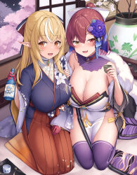 Rule 34 | 2girls, absurdres, black collar, black thighhighs, blonde hair, bottle, breasts, choko (cup), cleavage, collar, cup, dark-skinned female, dark skin, detached collar, fang, floral print kimono, flower, gloves, hair flower, hair ornament, hakama, hand on another&#039;s arm, heterochromia, highres, holding, holding bottle, hololive, houshou marine, houshou marine (new year), japanese clothes, kimono, large breasts, long hair, looking at viewer, multicolored hair, multiple girls, official alternate costume, plant, pointy ears, ponytail, potted plant, red eyes, red gloves, red hair, red hakama, sake bottle, shiranui flare, shiranui flare (new year), sidelocks, skin fang, streaked hair, thighhighs, tousaki (tousakiworks), virtual youtuber, white hair, white kimono, yellow eyes