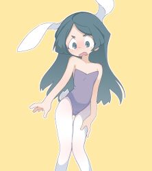 Rule 34 | 1girl, animal ears, barbara parker, bare shoulders, blue leotard, blunt ends, blush, collarbone, covered navel, dot nose, fake animal ears, fake tail, feet out of frame, flat chest, green eyes, green hair, hand on own thigh, highres, leotard, little witch academia, long hair, looking down, open mouth, orenji (orenjipiiru), outline, pantyhose, parted bangs, playboy bunny, rabbit ears, rabbit tail, short eyebrows, sidelocks, simple background, solo, standing, straight hair, tail, tareme, thick eyebrows, very long hair, wavy mouth, white outline, white pantyhose, yellow background