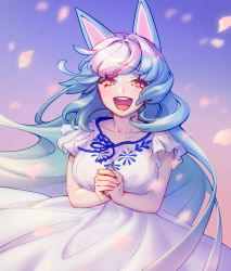 Rule 34 | 1girl, absurdres, animal ears, blue hair, animal crossing, dress, highres, humanization, multicolored hair, mushi aoi, nintendo, open mouth, petals, skye (animal crossing), solo, teeth, two-tone hair, white hair, wolf ears, yellow eyes