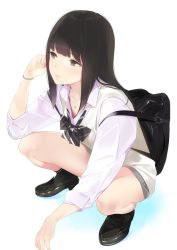 Rule 34 | 1girl, ama mitsuki, backpack, bag, black bow, black bowtie, black eyes, black footwear, black hair, black socks, bow, bowtie, buttons, collared shirt, commentary request, dated, dress shirt, grey skirt, hand up, holding, holding bag, jewelry, loafers, long hair, long sleeves, looking away, miniskirt, necklace, original, parted lips, revision, school uniform, shadow, shirt, shoes, simple background, skirt, sleeves rolled up, socks, solo, squatting, striped bow, striped bowtie, striped clothes, striped neckwear, sweater vest, thighs, twitter username, vest, white background, white shirt, white vest