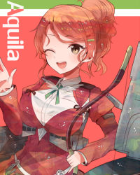 Rule 34 | 10s, 1girl, aquila (kancolle), bow (weapon), breasts, brown eyes, hair ornament, hairclip, high ponytail, italian flag, itomugi-kun, kantai collection, large breasts, long hair, machinery, open mouth, orange hair, smile, solo, upper body, weapon