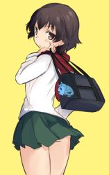 Rule 34 | 10s, 1girl, abenattou, bad id, bad pixiv id, bag, blouse, brown eyes, brown hair, caesar (girls und panzer), carrying, cellphone charm, charm (object), closed mouth, cowboy shot, from behind, girls und panzer, green skirt, hippopotamus, light smile, long sleeves, looking at viewer, looking back, miniskirt, ooarai school uniform, pleated skirt, red scarf, scarf, school bag, school uniform, serafuku, shirt, short hair, simple background, skirt, solo, standing, white shirt, yellow background