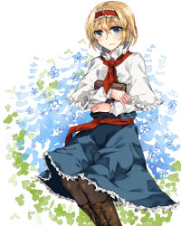 Rule 34 | 1girl, alice margatroid, black pantyhose, blonde hair, blue dress, blue eyes, book, hugging book, boots, capelet, cross-laced footwear, dress, flower, gradient background, hairband, holding, holding book, lolita hairband, long sleeves, looking at viewer, hugging object, pantyhose, rinarisa, sash, smile, solo, touhou