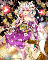 Rule 34 | 1girl, animal ears, anklet, bad id, bad pixiv id, branch, bug, butterfly, dated, dino (trexsilence), festival, fox ears, fox mask, fox tail, hair ornament, insect, japanese clothes, jewelry, kimono, long hair, lots of jewelry, mask, original, red eyes, sandals, smile, solo, tail, tenkuu no crystalia, tree, white hair