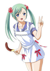 Rule 34 | 1girl, :d, apron, blue eyes, bow, chocolate banana, cowboy shot, female focus, food, green hair, hair bobbles, hair ornament, holding, holding food, ikkitousen, open mouth, shokatsuryou koumei, simple background, smile, solo, twintails, v, white background