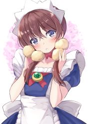 Rule 34 | 1girl, absurdres, arcana heart, blush, brown hair, collarbone, commentary, english commentary, fiona mayfield, gem, hair between eyes, hair ornament, highres, maid, maid headdress, okosan (pixiv), portrait, purple eyes, short hair, simple background, solo, thick eyebrows