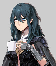 Rule 34 | 1girl, annoyed, arm guards, armor, black cape, blue eyes, blue hair, breasts, byleth (female) (fire emblem), byleth (fire emblem), cape, closed mouth, coffee mug, cup, damagefloor, fire emblem, fire emblem: three houses, grey background, hair between eyes, half-closed eyes, highres, holding, holding cup, long hair, medium breasts, mug, nintendo, pauldrons, shoulder armor, simple background, solo, upper body, v-shaped eyebrows, vambraces