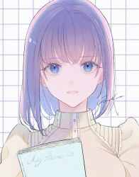 Rule 34 | 1girl, blue eyes, blue hair, book, brown dress, dress, grid background, highres, holding, holding book, looking at viewer, medium hair, open mouth, original, otohara gaku, puffy sleeves, signature, solo, straight-on, upper body