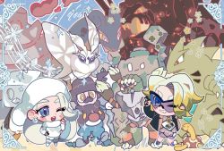 Rule 34 | 1boy, 1girl, bad id, bad twitter id, barbaracle, black-framed eyewear, blue-tinted eyewear, blue eyes, blush, brown jacket, closed mouth, coalossal, commentary request, creatures (company), eiscue, eiscue (ice), eyelashes, frosmoth, game freak, gen 1 pokemon, gen 2 pokemon, gen 6 pokemon, gen 8 pokemon, gigantamax, gigantamax coalossal, gigantamax lapras, gloves, gordie (pokemon), gym leader, hat, jacket, jewelry, korean commentary, lapras, long hair, malshi edroad, melony (pokemon), mother and son, mr. rime, multicolored hair, necklace, nintendo, one eye closed, open mouth, pokemon, pokemon (creature), pokemon swsh, scarf, shuckle, smile, sparkle, stonjourner, streaked hair, sunglasses, sweater, teeth, tinted eyewear, two-tone hair, tyranitar, upper teeth only, white headwear, white scarf, white sweater