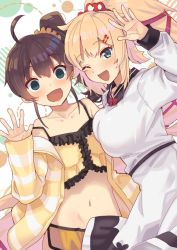 Rule 34 | 2girls, ahoge, akai haato, akai haato (casual), bare shoulders, blonde hair, blue eyes, blush, breast envy, breasts, brown hair, collarbone, commentary request, empty eyes, hair ornament, hairclip, hololive, jacket, large breasts, long hair, looking at viewer, medium breasts, midriff, multiple girls, natsuiro matsuri, natsuiro matsuri (matsuri&#039;s day off), navel, one eye closed, open mouth, ponytail, shirt, short hair, side ponytail, smile, tonarikeru, virtual youtuber, waving, white shirt