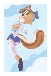 Rule 34 | 1girl, absurdres, animal ears, blue background, blue eyes, boots, brown hair, chipmunk ears, chipmunk girl, chipmunk tail, extra ears, gloves, highres, kemono friends, kemono friends v project, kneehighs, looking at viewer, luichan, microphone, shirt, short hair, shorts, siberian chipmunk (kemono friends), simple background, socks, solo, tail, vest, virtual youtuber