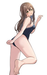 Rule 34 | 1girl, absurdres, ass, bang dream!, bare arms, bare legs, bare shoulders, barefoot, blue one-piece swimsuit, blush, breasts, brown hair, commentary request, foot out of frame, from behind, from below, green eyes, hair between eyes, hanazono tae, hand up, highres, leg up, long hair, looking at viewer, looking back, medium breasts, one-piece swimsuit, parted lips, ptal, school swimsuit, sideboob, sidelocks, simple background, smile, soles, solo, standing, standing on one leg, swimsuit, thighs, white background