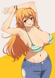 Rule 34 | 1girl, armpits, arms up, bangle, bare shoulders, bikini, bikini top only, bracelet, breasts, denim, earrings, highres, jeans, jewelry, kojirou!, large breasts, long hair, midriff, nami (one piece), navel, one piece, open mouth, orange hair, pants, smile, solo, standing, swimsuit, white background