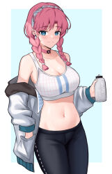 Rule 34 | 1girl, arknights, black pants, blue eyes, blue poison (arknights), blue poison (shoal beat) (arknights), braid, breasts, choker, cleavage, commentary, cowboy shot, crop top, earrings, fangs (fangs art), hairband, highres, holding, jacket, jewelry, large breasts, leggings, long hair, long sleeves, looking at viewer, midriff, navel, official alternate costume, pants, pink choker, pink hair, smile, solo, sports bra, standing, stomach, thighs, twin braids, white jacket