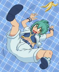 Rule 34 | 1boy, androgynous, ass, banana peel, bulge, clenched teeth, embarrassed, falling, floor, full body, green hair, grin, highres, long hair, looking to the side, lua (yu-gi-oh!), navel, nervous smile, ponytail, reverse ryona, ribaibu, shorts, simple background, smile, solo, spread legs, teeth, trap, wavy mouth, yellow eyes, yu-gi-oh!, yu-gi-oh! 5d&#039;s
