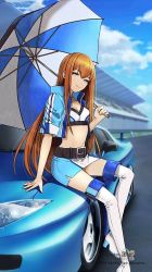 Rule 34 | 1girl, alternate costume, belt, bleachers, boots, breasts, brown hair, car, cat, cleavage, cloud, cloudy sky, copyright name, day, grey eyes, high heels, highres, huke, jacket, long hair, looking at viewer, makise kurisu, medium breasts, midriff, miniskirt, motor vehicle, navel, official art, on vehicle, race queen, race track, sitting, skirt, sky, smile, solo, steins;gate, straight hair, thigh boots, thighhighs, umbrella, watermark, white footwear, white thighhighs, zettai ryouiki