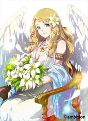 Rule 34 | 1girl, armband, bare shoulders, blue eyes, bouquet, braid, breasts, brown hair, chair, cleavage, dress, flower, hair flower, hair ornament, himekiss, jewelry, large breasts, long hair, looking at viewer, maru-kichi, necklace, official art, sidelocks, sitting, smile, solo, white dress, white wings, wings