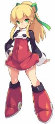 Rule 34 | 1girl, black shirt, blonde hair, boots, closed mouth, covered navel, dress, full body, green eyes, green ribbon, hair between eyes, hair ribbon, hand on own hip, highres, karukan (monjya), knee boots, long hair, long sleeves, looking at viewer, mega man (classic), mega man (series), ponytail, red dress, red footwear, ribbon, roll (mega man), shirt, simple background, sleeves past wrists, smile, solo, white background, wide sleeves