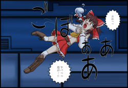 Rule 34 | 1girl, adapted costume, air bubble, alternate costume, ascot, asphyxiation, bad end, boots, bow, breath, brown eyes, brown hair, bubble, detached sleeves, dress, drowning, freediving, hair bow, hair ornament, hair ribbon, hair tubes, hakurei reimu, holding breath, navel, pleated skirt, ribbon, saver (artbysaver), skirt, solo, struggling, swimming, touhou, translation request, underwater