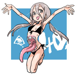 Rule 34 | 1girl, :p, arched back, bikini, black bikini, blush, chiwa (fcwv5738), creepy, extra mouth, female focus, flat chest, grey eyes, grey hair, hair between eyes, highres, looking at viewer, monster girl, original, outstretched arms, solo, spread arms, stomach mouth, swimsuit, teeth, tongue, tongue out, twintails