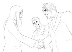 Rule 34 | 1girl, 2boys, commentary request, crossed arms, crossover, drawfag, eizouken ni wa te wo dasu na!, eyewear on head, formal, freckles, from side, glasses, greyscale, grichka bogdanoff, grin, hair slicked back, handshake, highres, holding hands, igor bogdanoff, kanamori sayaka, lineart, long hair, long sleeves, monochrome, multiple boys, necktie, real life, simple background, smile, solo, suit, white background