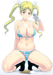 Rule 34 | 1girl, accident, bad id, bad pixiv id, bare shoulders, bikini, black socks, blonde hair, blue eyes, bow, breasts, cameltoe, cleavage, collarbone, curvy, front-tie top, full body, gloves, hair bow, ice cream cone, kouno (masao), large breasts, long hair, looking at viewer, messy, navel, original, salute, see-through, sexually suggestive, shiny skin, sideboob, skindentation, smile, socks, solo, spill, squatting, striped bikini, striped clothes, suggestive fluid, swimsuit, twintails, white background