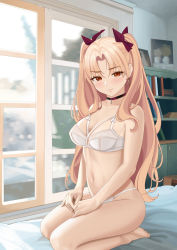 Rule 34 | 1girl, absurdres, bed, blonde hair, blush, breasts, choker, earrings, embarrassed, ereshkigal (fate), fate/grand order, fate (series), hair ornament, highres, jewelry, kneeling, lingerie, long hair, medium breasts, quatthro, red eyes, solo, thong, twintails, underwear, window
