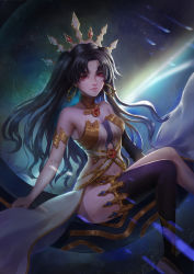 Rule 34 | 1girl, absurdres, armlet, asymmetrical legwear, asymmetrical sleeves, bare shoulders, black hair, closed mouth, comet, commentary request, crown, detached collar, earrings, elbow gloves, fate/grand order, fate (series), floating, gloves, heavenly boat maanna, highres, hoop earrings, ishtar (fate), jewelry, long hair, looking at viewer, navel, parted bangs, red eyes, shooting star, single elbow glove, single thighhigh, sitting, sky, solo, star (sky), star (symbol), starry sky, thighhighs, thighs, tiara, two side up, uneven legwear, uneven sleeves, yimoduo