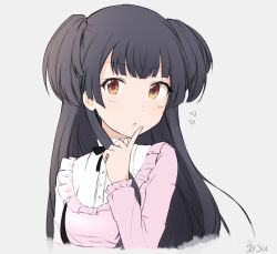 Rule 34 | 1girl, basa rutan, black hair, blush, brown eyes, cropped torso, finger to mouth, fingernails, grey background, hand up, idolmaster, idolmaster shiny colors, index finger raised, long hair, long sleeves, looking at viewer, mayuzumi fuyuko, parted lips, pink shirt, shirt, signature, simple background, solo, two side up, upper body, very long hair