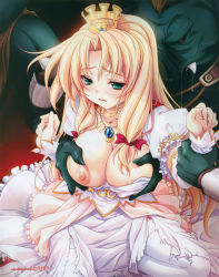 Rule 34 | 1girl, arm grab, blonde hair, blush, bow, grabbing another&#039;s breast, breast slip, breasts, cleavage, clothes pull, colored skin, crown, detached sleeves, dress, dress pull, fang, grabbing, green eyes, green skin, groping, hat, highres, interspecies, jewelry, kneeling, large breasts, long hair, miyama-zero, monster, necklace, nipple slip, nipples, no bra, one breast out, open mouth, orc, pendant, princess, rape, restrained, saliva, solo focus, tears, thighhighs, torn clothes, white thighhighs