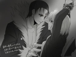 Rule 34 | 2boys, arms up, bad id, bad pixiv id, black hair, blush, book, chain, chained, chain, chrollo lucilfer, collarbone, earrings, expressionless, eye contact, fur, fur trim, hunter x hunter, jacket, jewelry, kurapika, looking at another, male focus, monochrome, multiple boys, open clothes, open jacket, parted lips, restrained, short hair, toned, translation request, yaoi, yukiji tokiji
