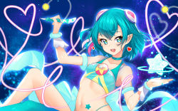 Rule 34 | 1girl, aqua eyes, aqua hair, bare shoulders, breasts, collarbone, covered erect nipples, cure milky, earrings, hagoromo lala, hair ornament, heart, highres, jewelry, looking at viewer, magical girl, medium breasts, navel, open mouth, out-of-frame censoring, pointy ears, precure, rumo, shiny skin, short hair, single thighhigh, smile, solo, star (sky), star (symbol), star earrings, star hair ornament, star twinkle precure, tank top, teeth, thighhighs, thong