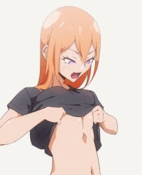Rule 34 | 1girl, animated, animated gif, bouncing breasts, breasts, clothes lift, flou (flou art), large breasts, lifting own clothes, long hair, looking at breasts, navel, nipples, no bra, open mouth, orange hair, original, purple eyes, shirt lift, simple background, solo, ugoira, upper body