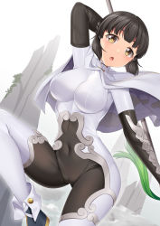 Rule 34 | 1girl, arm guards, black bodysuit, bodysuit, breasts, brown eyes, brown hair, cameltoe, cape, commentary request, cosplay, covered navel, fate/grand order, fate (series), highres, holding, holding spear, holding weapon, kantai collection, large breasts, leg up, looking at viewer, myoukou (kancolle), open mouth, polearm, qin liangyu (fate), qin liangyu (fate) (cosplay), short hair, skin tight, solo, spear, weapon, white bodysuit, white cape, yasume yukito