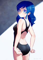Rule 34 | 1girl, adjusting clothes, adjusting swimsuit, aikatsu!, aikatsu! (series), ass, back, back cutout, blue eyes, blue hair, breasts, casual one-piece swimsuit, clothing cutout, commentary request, cowboy shot, hair down, kiriya aoi, long hair, looking at viewer, looking back, mo sabo, one-piece swimsuit, shaded face, shadow, small breasts, smile, solo, swimsuit, twitter username