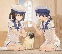 Rule 34 | 2girls, black hair, blush, brown hair, chair, commission, daitou (kancolle), dog, dress, green eyes, hat, hiburi (kancolle), highres, indoors, kantai collection, multiple girls, on floor, open mouth, pixiv commission, ponytail, pug, red eyes, sailor collar, sailor dress, sailor hat, short ponytail, short sleeves, sitting, socks, table, white dress, white socks, window, yuu+