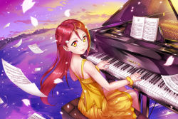 Rule 34 | 1girl, closed mouth, crazypen, female focus, floating hair, grand piano, hair between eyes, highres, instrument, long hair, looking at viewer, love live!, love live! sunshine!!, miniskirt, music, musical note, on bench, petals, piano, piano bench, playing instrument, playing piano, red hair, sakurauchi riko, scrunchie, shiny skin, shirt, sitting, skirt, sleeveless, sleeveless shirt, smile, solo, very long hair, wrist scrunchie, yellow eyes, yellow scrunchie, yellow shirt, yellow skirt