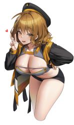 Rule 34 | 1girl, absurdres, ahoge, anis (nikke), bent over, black hat, black jacket, black shorts, breasts, brown eyes, brown hair, cleavage, crop top, cropped legs, goddess of victory: nikke, grey shirt, hand on own hip, hand up, hat, heart, highres, jacket, large breasts, long sleeves, looking at viewer, micro shorts, midriff, navel, no bra, open clothes, open jacket, open mouth, shirt, short hair, shorts, simple background, smile, solo, stomach, thighs, v, white background, xi xeong