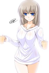 Rule 34 | 10s, artist name, blue eyes, brown hair, cup, engo (aquawatery), girls und panzer, highres, itsumi erika, mug, ribbed sweater, simple background, sweater, thighs