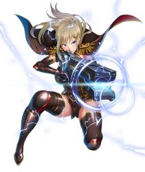 Rule 34 | 1girl, blonde hair, blue eyes, breasts, cape, female focus, highres, large breasts, lilith-soft, looking at viewer, nobushito kuro, serious, simple background, solo, taimanin (series), taimanin asagi kessen arena, tina worrel, weapon, white background