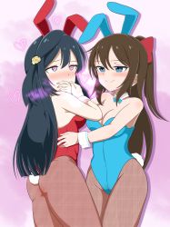 Rule 34 | !, 2girls, :o, absurdres, aqua bow, aqua eyes, aqua leotard, artist name, artist request, bare shoulders, blue eyes, blue hair, blush, bow, bowtie, breasts, brown hair, brown pantyhose, cleavage, collarbone, covering own mouth, covering privates, dark blue hair, female focus, flower, grey eyes, hair between eyes, hair bow, hair flower, hair ornament, half-closed eyes, half updo, heart, heart-shaped pupils, high ponytail, highres, leotard, long hair, looking at viewer, love live!, love live! nijigasaki high school idol club, medium breasts, multiple girls, nail, nail polish, nose blush, osaka shizuku, pantyhose, parted lips, pink background, pink nails, playboy bunny, ponytail, rabbit ears, rabbit tail, red bow, red leotard, side ponytail, smile, symbol-shaped pupils, white wrist cuffs, wing collar, wrist cuffs, yellow flower, yuki setsuna (love live!)
