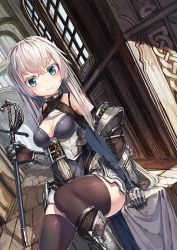 Rule 34 | 1girl, arm support, armored boots, bare shoulders, blue eyes, blue jacket, boots, breasts, brown thighhighs, cleavage, closed mouth, commentary request, dutch angle, gauntlets, hair between eyes, highres, holding, holding sheath, indoors, jacket, knee boots, knight, long hair, medium breasts, natori youkai, original, saber (weapon), sheath, sheathed, silver hair, sitting, skirt, smile, solo, sword, thighhighs, very long hair, weapon, white skirt, window
