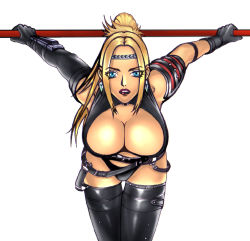 Rule 34 | 1girl, blonde hair, blue eyes, boots, breasts, cleavage, cleavage cutout, clothing cutout, elbow gloves, garter belt, gloves, jewelry, large breasts, leather armor, ninja gaiden, rachel (ninja gaiden), strap, studded leather, thigh boots, thighhighs