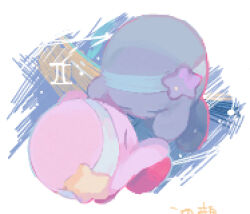 Rule 34 | black footwear, closed eyes, colored skin, commentary request, face-to-face, gemini (symbol), gemini (zodiac), grey skin, hair ornament, headband, holding hands, kananishi, kirby, kirby (series), light blush, lowres, nintendo, no humans, pillar, pink skin, red footwear, shadow kirby, shoes, simple background, space, star (symbol), star hair ornament, white background, white headband, zodiac