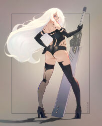 Rule 34 | 1girl, absurdres, ass, blue eyes, breasts, elbow gloves, facing away, gloves, hand on own hip, high heels, highres, holding, holding sword, holding weapon, hood, huge weapon, long hair, looking at viewer, looking back, medium breasts, nier:automata, nier (series), planted, planted sword, planted weapon, ragnarathered, solo, sword, thighs, weapon, white hair, a2 (nier:automata)