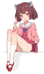 Rule 34 | 1girl, :p, blue ribbon, blush, brown hair, candy, cardigan, clothes lift, commentary request, dress, dress lift, food, full body, headgear, highres, holding, holding candy, holding food, holding lollipop, lifting own clothes, lollipop, looking at viewer, mary janes, neck ribbon, open cardigan, open clothes, panties, pantyshot, pink cardigan, red dress, red eyes, red footwear, ribbon, sailor collar, sailor dress, shoes, short hair, simple background, sitting, socks, solo, tongue, tongue out, touhoku kiritan, underwear, voiceroid, white background, white panties, white sailor collar, white socks, yamamomo (plank)