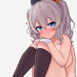 Rule 34 | 1girl, bad id, bad pixiv id, beret, black hat, black socks, blue eyes, blush, breasts, closed mouth, gloves, grey background, grey hair, hair between eyes, hands on own knees, hat, highres, kantai collection, kashima (kancolle), kneehighs, knees up, large breasts, long hair, nose blush, nude, ringlets, rose neru, simple background, sitting, smile, socks, solo, twintails, white gloves